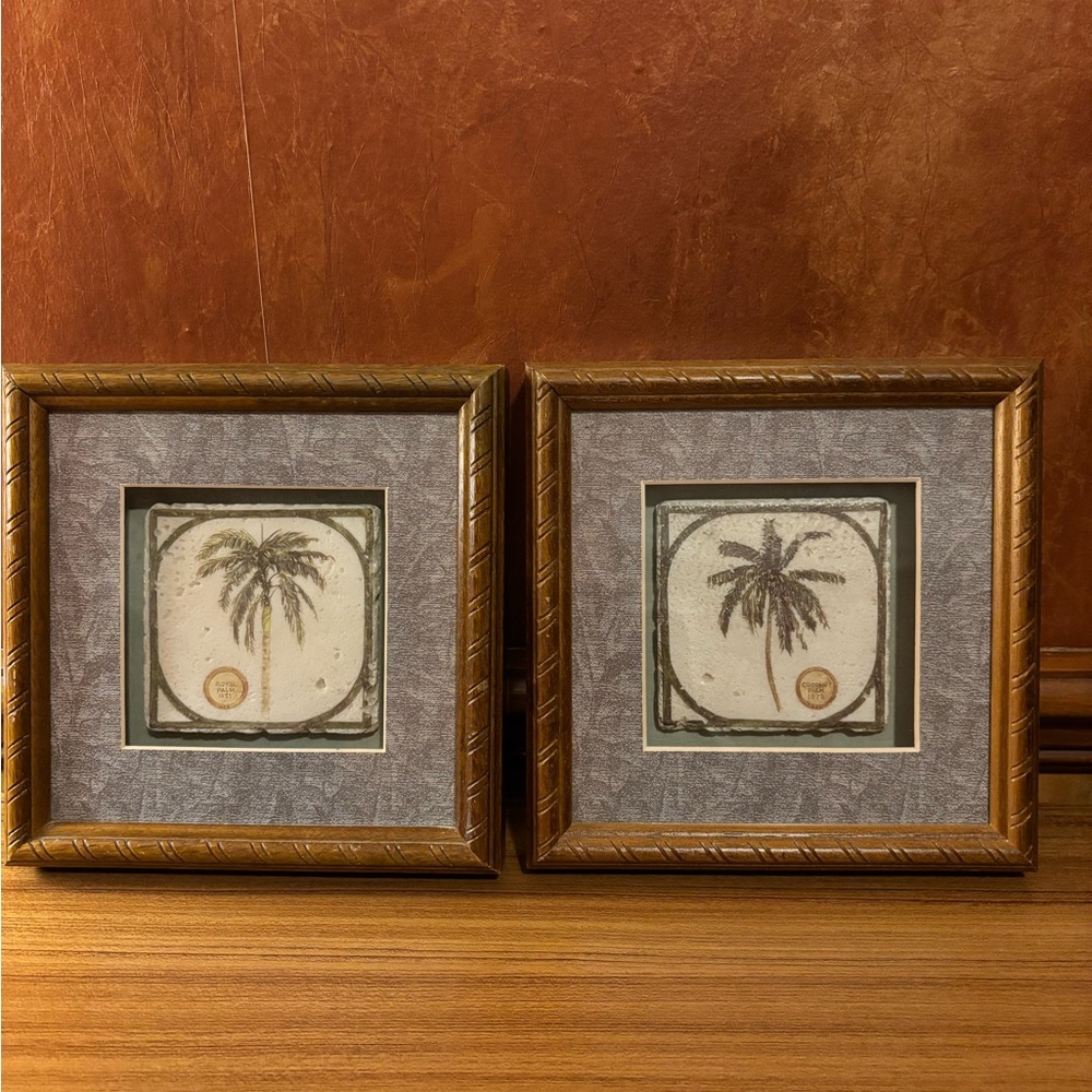 Set Of 2 David Nichols Prime Design Corp Royal Palm Tree Tile Art Shadow Box 8x8